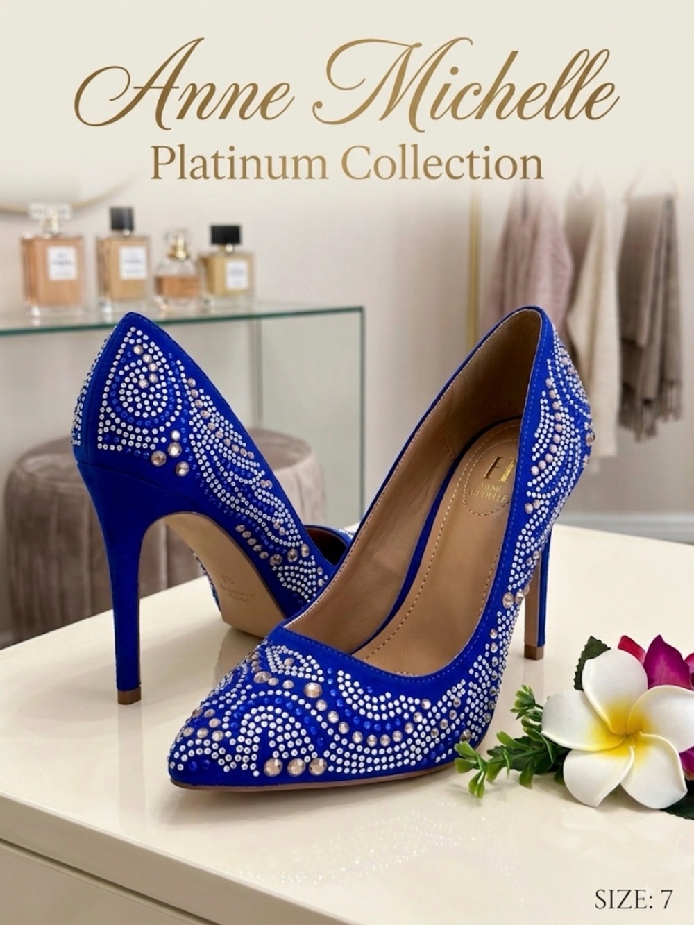 ANNE MICHELLE Royal Blue 4-inch Heels with Rhinestone Embellishments size 7